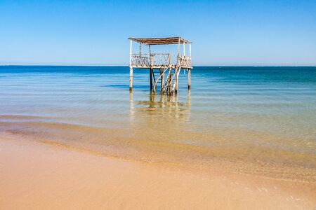 Wooden gazebo on the Ifaty beach, southern Madagascarの写真素材