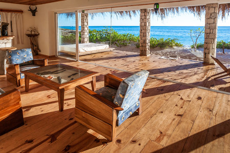 Inside a luxurious hotel suite with sea viewの写真素材