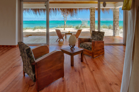 Luxury lounge of a luxurious bungalow overlooking the lagoon in south-western Madagascarの写真素材