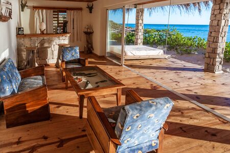 Inside a luxurious hotel suite with sea viewの写真素材