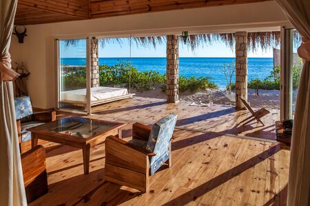 Inside a luxurious hotel suite with sea viewの写真素材