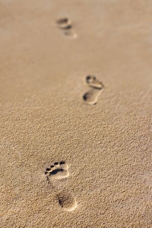 Footprints in the sand, three steps with a low depth of fieldの写真素材