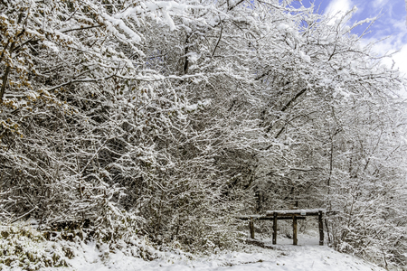 Wooden barrier on a snowy hiking path in the French Alpsの写真素材