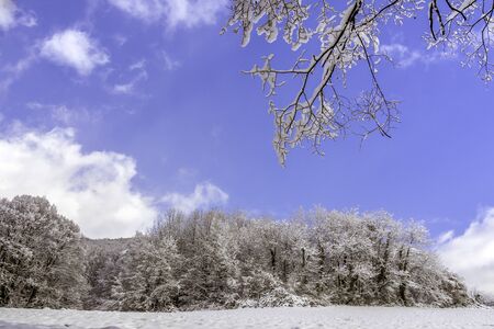Snowy landscape with sun and clouds in the mountains near Grenoble in the French Alpsの写真素材