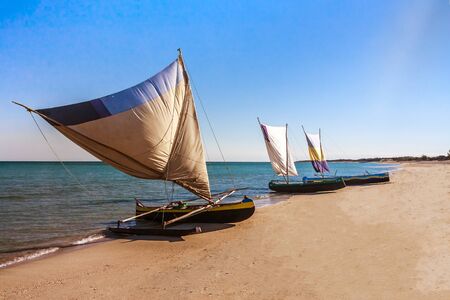 Malagasy traditional fishing boats beached on Anakao beach, southern Madagascarの写真素材
