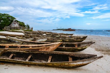 Fishing dugout canoes beached in Sainte Luce near Tolanaro (Fort-Dauphin), southern Madagascarの写真素材