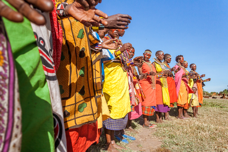 Masai Mara, Kenya, May 23, 2017: Masai women in traditional costume lined up during a ceremonyのeditorial素材