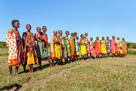 Masai Mara, Kenya, May 23, 2017: Masai women in traditional costume lined up during a ceremonyのeditorial素材