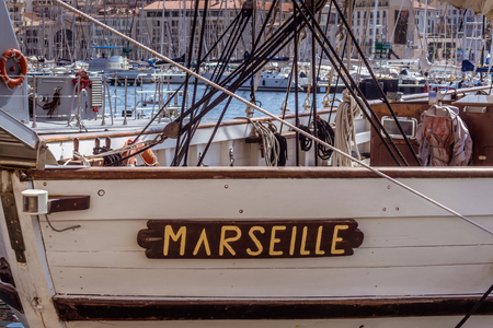 A wooden rigging named "Marseille" moored at the old port of Marseilleのeditorial素材