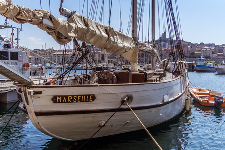A wooden rigging named "Marseille" moored at the old port of Marseilleのeditorial素材