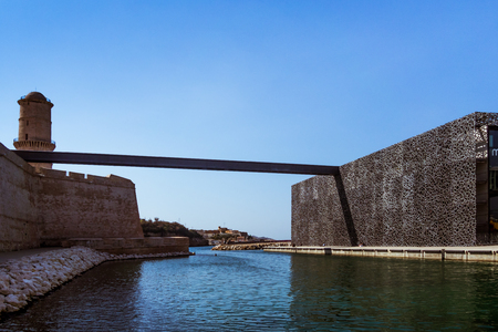 Marseille, France - March 15, 2016 : The modern building of Museum of European and Mediterranean Civilizations (MuCEM) by Rudy Ricciotti and Roland Carta.のeditorial素材