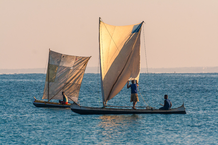 Ifaty, Madagascar, June 16, 2017:  Malagasy fishing sailboats of the Vezo ethnic group in the lagoon of southwestern Madagascarのeditorial素材