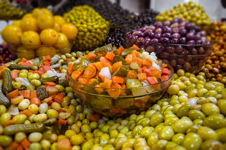 Moroccan condiments at the Grand Socco market in Tangiers, northern Moroccoの写真素材