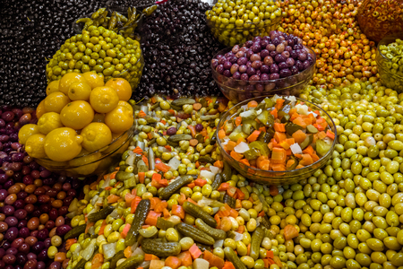 Moroccan condiments at the Grand Socco market in Tangiers, northern Moroccoの写真素材