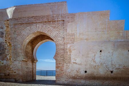 View of the Strait of Gibraltar from the rampart of the old medina of Tangier in northern Moroccoの写真素材