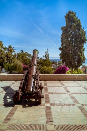 The cannons of the terrace of the lazy in Tangier, north of Morocco with view on the Straits of Gibraltarの写真素材