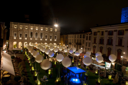 bergamo italy September 16th, 2017: Piazza Vecchia in Bergamo Alta, a jewel of Renaissance architecture at nightのeditorial素材
