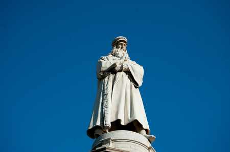 statue of Leonardo da Vinci in Milan square of the scaleの写真素材