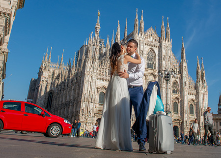 Milan Italy September 26th 2018:couple of newlyweds in Piazza Duomo in Milanのeditorial素材
