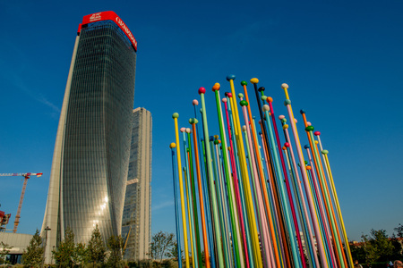 Milan Italy September 26th 2018:Sculpture in the district of the three towers of Milan. By Pascale Marthine Tayou, Coloris.のeditorial素材