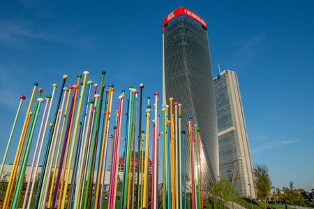 Milan Italy September 26th 2018:Sculpture in the district of the three towers of Milan. By Pascale Marthine Tayou, Coloris.のeditorial素材