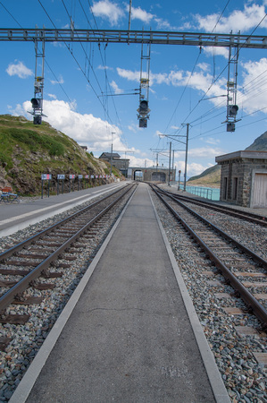 hospice railway station red train berninaのeditorial素材