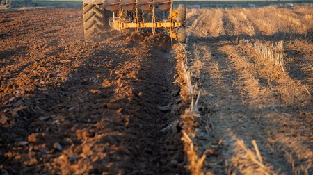 tractor while it is plowing the fieldの写真素材