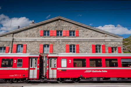 Bernina Switzerland:July 2015                        hospice railway station red train berninaのeditorial素材