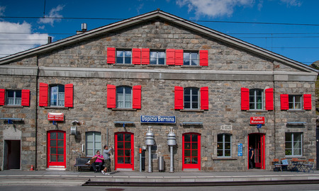 Bernina Switzerland:July 2015                        hospice railway station red train berninaのeditorial素材