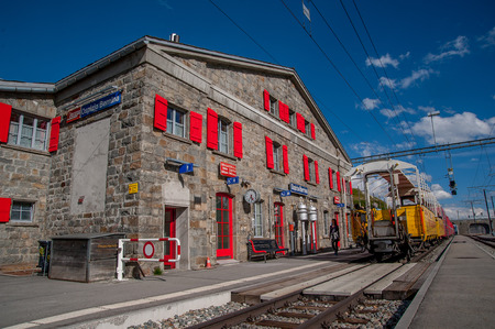 Bernina Switzerland:July 2015                        hospice railway station red train berninaのeditorial素材
