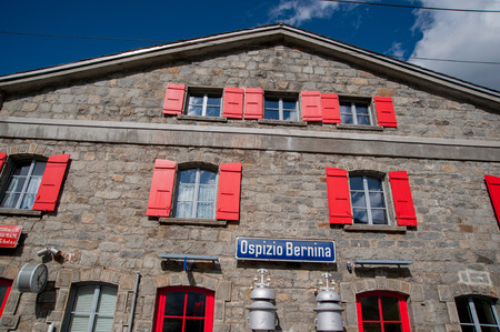 Bernina Switzerland:July 2015                        hospice railway station red train berninaのeditorial素材