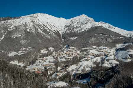 mountain village after snowfallの写真素材