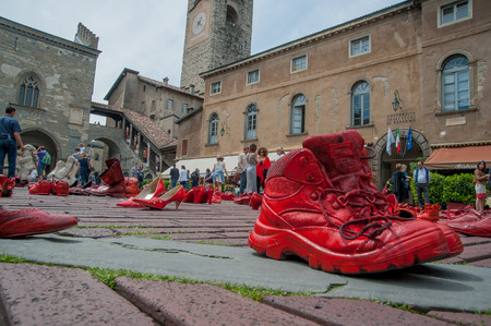 Bergamo Italy May 2013: art installation in Old Town Square against violence to womenのeditorial素材