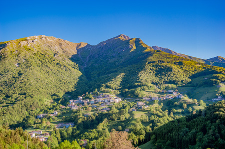 small mountain village in springの写真素材