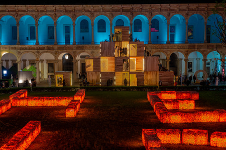 Milan Italy 10 April 2019: Artistic installation of Maria Cristina Finucci , help a cry of alarm against plastic pollutionのeditorial素材
