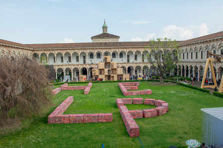 Milan Italy 10 April 2019: Artistic installation of Maria Cristina Finucci , help a cry of alarm against plastic pollutionのeditorial素材