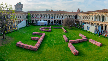 Milan Italy 10 April 2019: Artistic installation of Maria Cristina Finucci , help a cry of alarm against plastic pollutionのeditorial素材