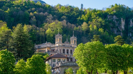 San Pellegrino Terme Italy 28 April 2019: Restructuring of an old luxury hotel Holiday place for nobles in the last century Attending this resort for spa treatmentsのeditorial素材