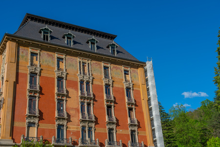 San Pellegrino Terme Italy 28 April 2019: Restructuring of an old luxury hotel Holiday place for nobles in the last century Attending this resort for spa treatmentsのeditorial素材