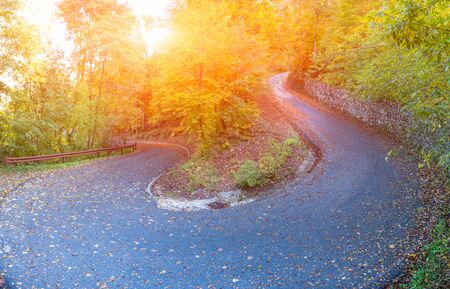 bend in mountain road in the forest in autumnの写真素材