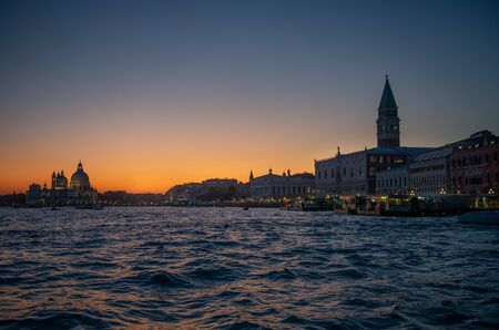 Venice lagoon seen from the sea at sunsetの写真素材