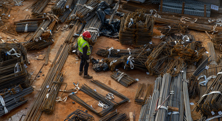 Milan, 4 December 2019: Worker cutting flexible iron cages for the construction of a new library in...