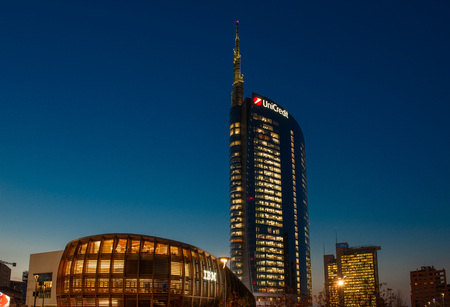 Milan Italy 4 December 2019:Piazza Gae Aulenti represents the new face, symbol of the city that changes and looks to the future.のeditorial素材