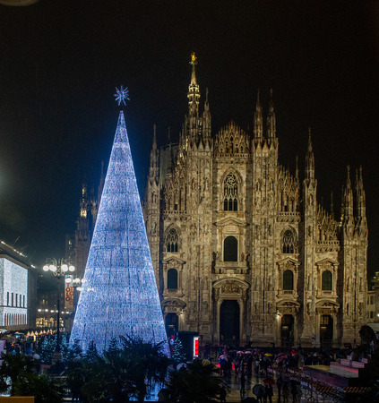 Milan Italy 17 December 2019: Christmas tree lit with low energy consumption bulbs In Piazza del Duomoのeditorial素材
