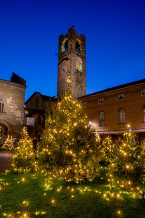 Bergamo Italy 27 December 2019: old square with Christmas decorations illuminated for the holidaysのeditorial素材