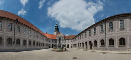 Munich Germany July 29 2020: La Neuveste gothic fortress in munich. Surrounded by a water-filled moat, accessible only via a fortified bridgeのeditorial素材