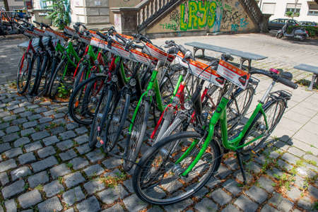 Munich Germany July 29 2020: Bicycles parked in piazza max jioseph in the central square of munichのeditorial素材