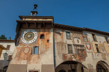 Clusone Italy 4 September 2020: Piazza di clusone with the Fanzago Planetary Clock, a work created in 1583 by Pietro Fanzago and still working todayのeditorial素材