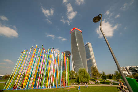 Milan Italy 8 September 2020: Sculpture in the new redeveloped district of the three towers of Milan. By Pascale Marthine Tayou,のeditorial素材