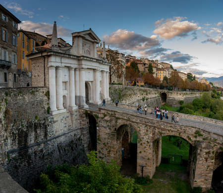 Porta San Giacomo entrance to the ancient city of Bergamoのeditorial素材